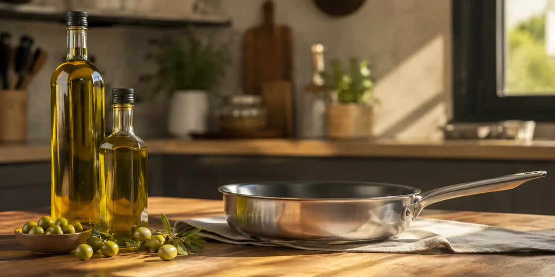 Bottles of cooking oil beside a frying pan and fresh olives on a warm kitchen counter in soft daylight