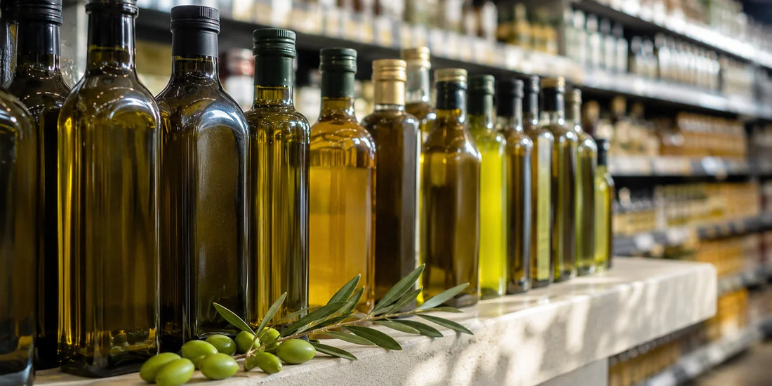 Several unbranded olive oil bottles on a bright shop shelf beside fresh olives and leaves on pale stone