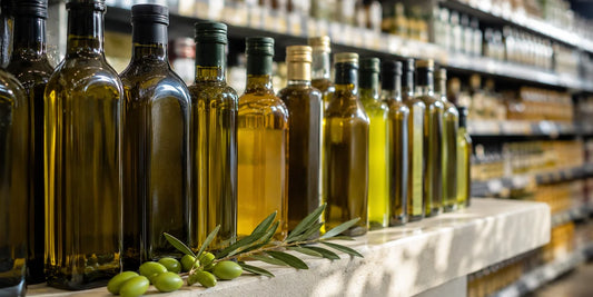 Several unbranded olive oil bottles on a bright shop shelf beside fresh olives and leaves on pale stone