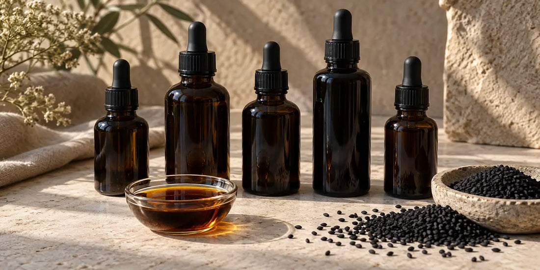 Row of unbranded dark glass dropper bottles beside a dish of deep amber oil and black seeds on stone