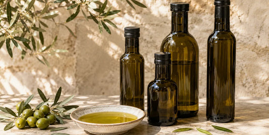Several unbranded dark glass olive oil bottles beside fresh green olives and a dish of rich golden-green oil on pale stone in warm light