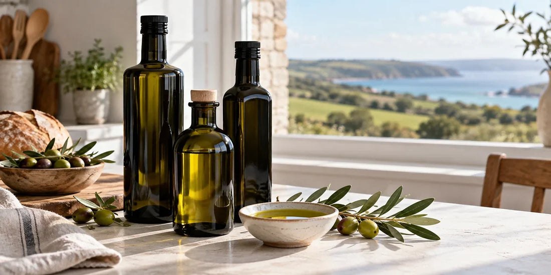 Unbranded dark glass olive oil bottles and tasting bowl on a sunlit kitchen table overlooking the coast