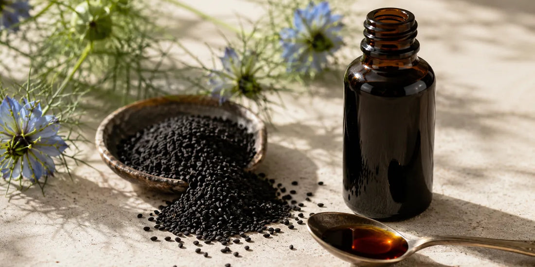 Dark glass black seed oil bottle beside scattered matte black seeds and a teaspoon of deep amber oil on pale stone
