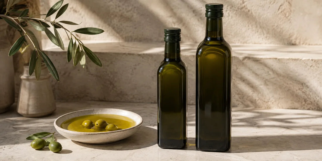 Two unlabelled dark green olive oil bottles beside a shallow dish of golden-green oil on pale limestone