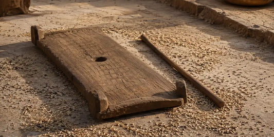Wooden threshing sledge and a slender beating rod on a sun-bleached stone floor with scattered grain