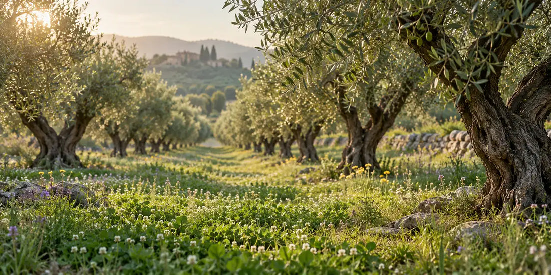 Rows of mature olive trees in an organic grove with clover and wildflowers between them in morning light