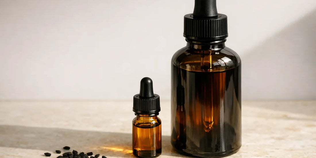 Small amber essential oil vial beside a much larger dark dropper bottle of deep bronze oil