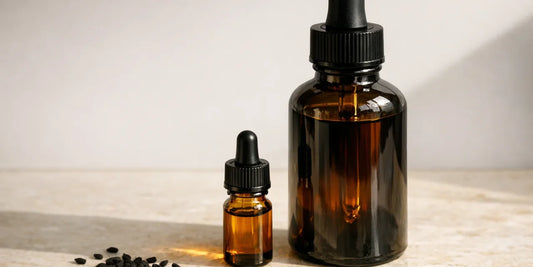 Small amber essential oil vial beside a much larger dark dropper bottle of deep bronze oil