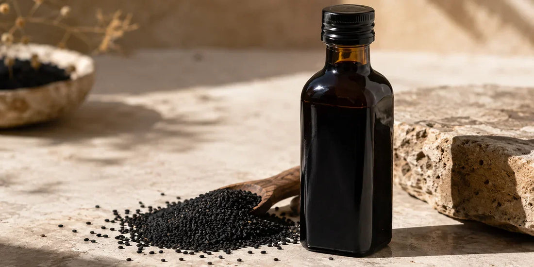 A dark glass bottle of black cumin seed oil beside scattered black Nigella sativa seeds on a pale stone surface in warm light