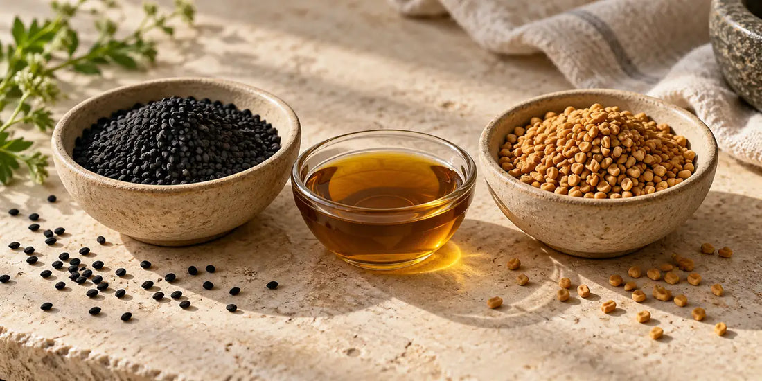 Ceramic bowls of matte black nigella seeds and golden-brown fenugreek seeds beside a glass dish of deep amber oil