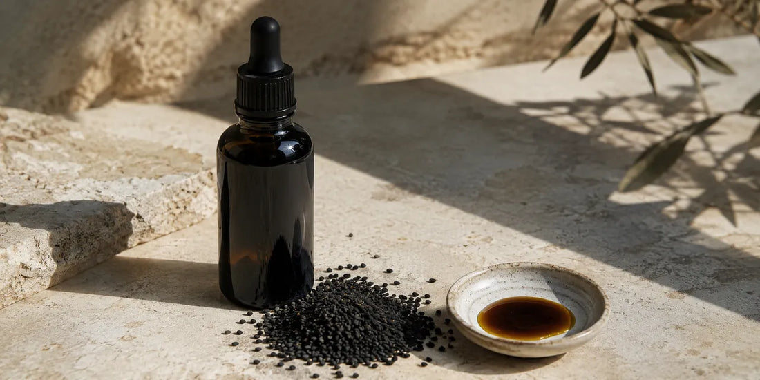 Dark glass dropper bottle of deep amber black seed oil beside scattered matte black cumin seeds on pale stone