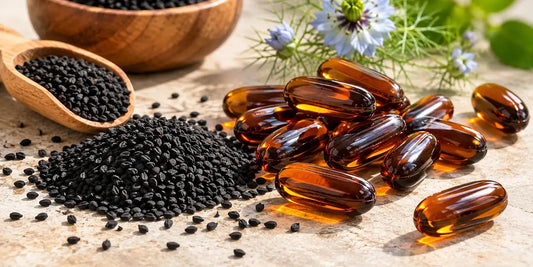 Amber black seed oil softgel capsules scattered beside a heap of matte black Nigella sativa seeds on pale stone