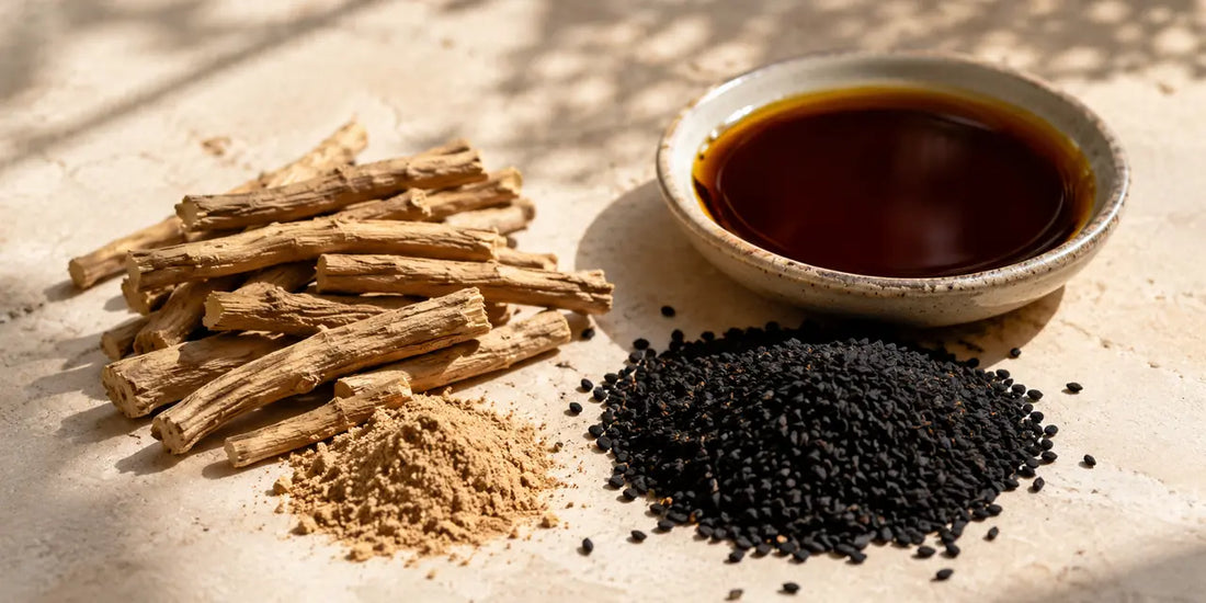 Dried ashwagandha roots beside matte black Nigella sativa seeds and a small dish of deep amber oil on pale stone