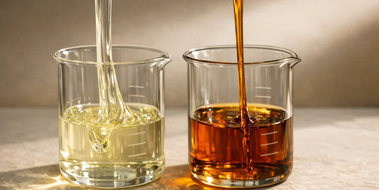 Two glass beakers on pale stone, one pouring thick pale oil, one pouring thin deep bronze oil