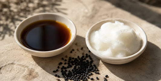 Two small dishes side by side, one deep amber black seed oil and one white coconut oil, with scattered black seeds on pale stone