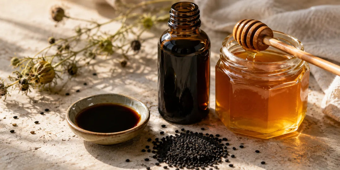 Dark glass black seed oil bottle beside a jar of honey and scattered black seeds on a pale stone surface in warm light