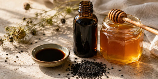 Dark glass black seed oil bottle beside a jar of honey and scattered black seeds on a pale stone surface in warm light