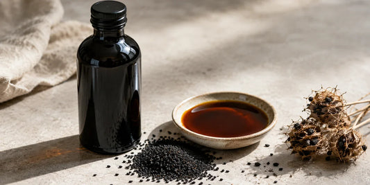 Dark glass black seed oil bottle beside scattered matte black nigella seeds and a dish of deep amber oil on pale stone