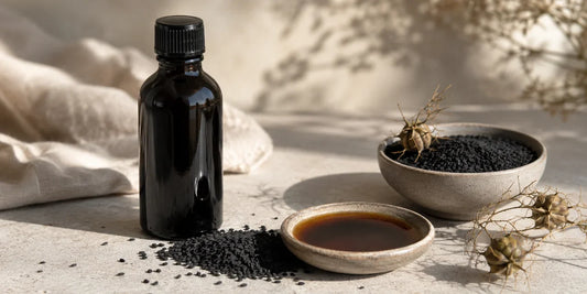 Dark glass black seed oil bottle beside scattered matte black nigella seeds and a dish of deep amber oil on pale stone