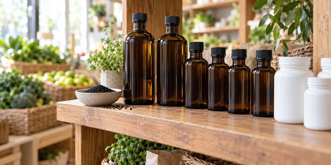 Wooden natural-grocer shelf with unbranded dark amber oil bottles, white supplement jars and a dish of black seeds
