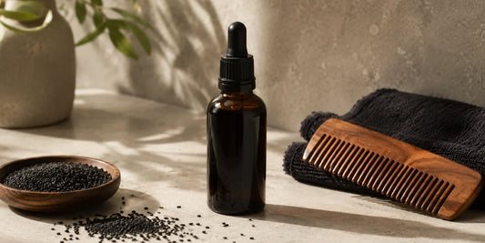 Dark glass dropper bottle of deep amber black seed oil beside a wooden beard comb and scattered matte black seeds on stone