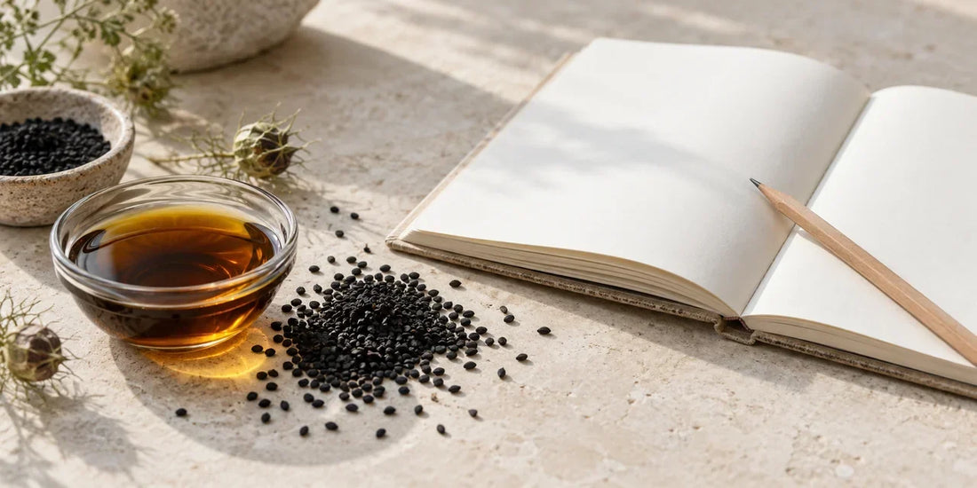 Glass dish of deep amber black seed oil beside black seeds and a blank notebook on pale stone