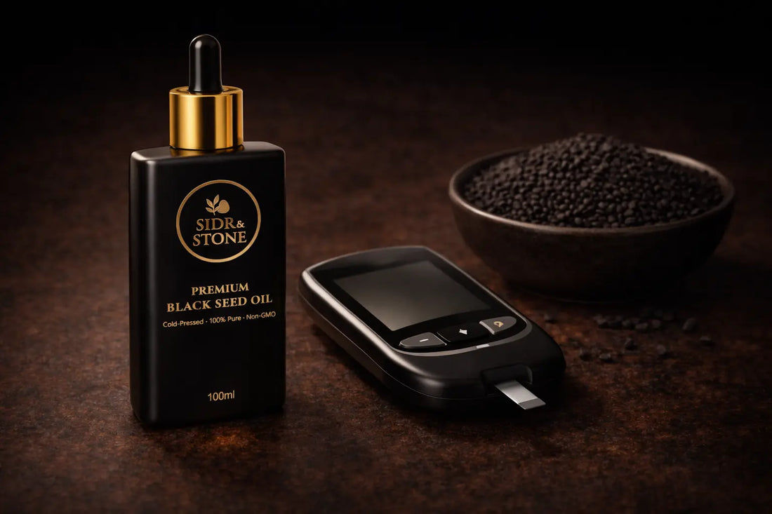 Bottle of black seed oil and a glucometer resting on a dark wooden desk