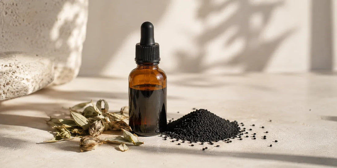 Unbranded amber glass dropper bottle of dark herbal tonic beside scattered matte black nigella seeds on pale stone