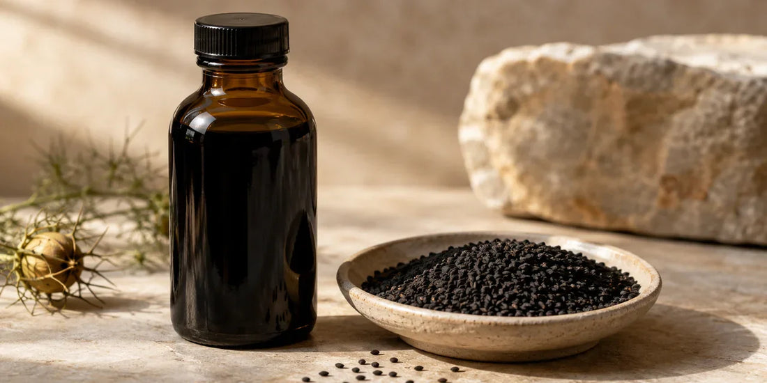 A dark glass bottle of black seed oil beside a small dish of black Nigella sativa seeds on a pale stone surface in warm light