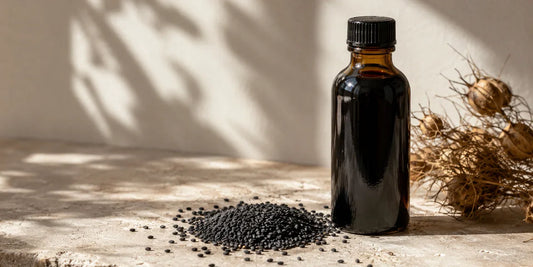Dark glass black seed oil bottle beside scattered matte black seeds on pale stone in warm directional light