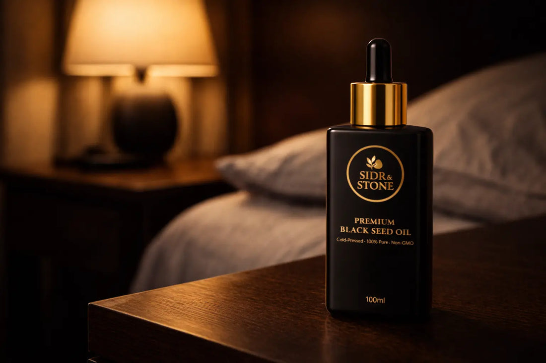 Matte black glass bottle of black seed oil on a bedside table with a soft bedside lamp glowing in the background