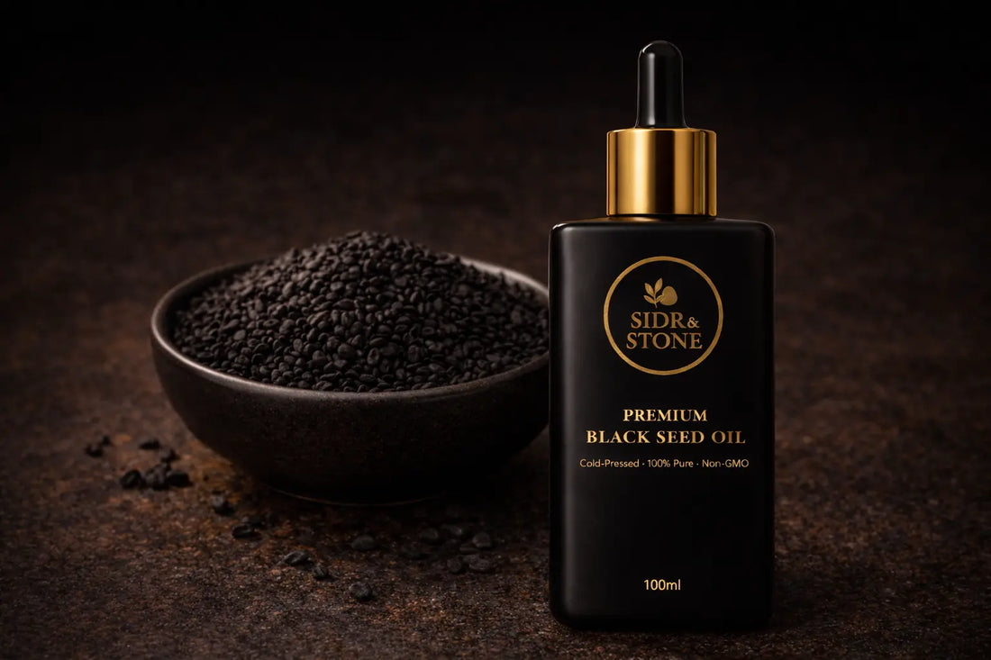 Matte black glass bottle of black seed oil beside a dark ceramic bowl of Nigella sativa seeds on a dark stone surface