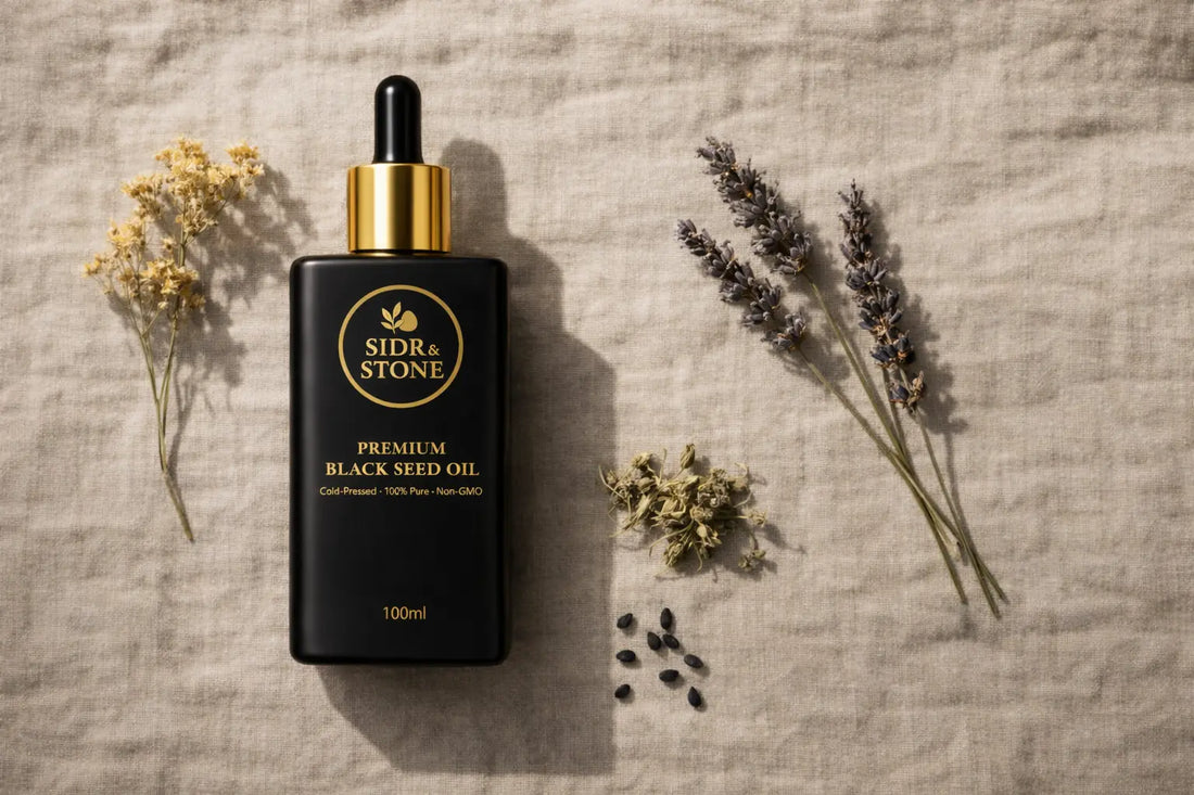 Matte black glass bottle of black seed oil beside dried botanical herbs on a pale linen surface