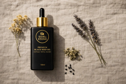 Matte black glass bottle of black seed oil beside dried botanical herbs on a pale linen surface