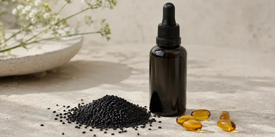 Dark glass oil bottle beside unbranded amber capsules and scattered matte black seeds on pale stone