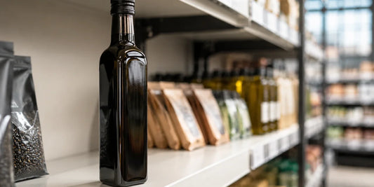 A single dark glass black seed oil bottle on a clean supermarket-style shelf in soft directional light