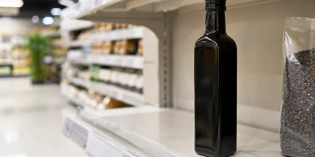 A single dark glass black seed oil bottle on a clean supermarket-style shelf in soft directional light