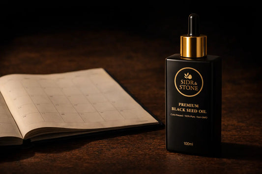 Matte black glass bottle of black seed oil beside an open paper calendar on a dark wooden surface