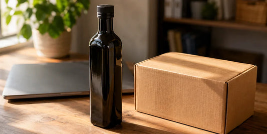 A dark glass black seed oil bottle beside a laptop and a plain delivery parcel on a wooden surface in warm light