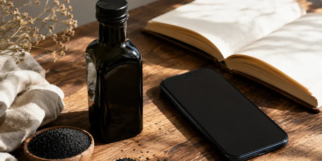 A dark glass black seed oil bottle beside a smartphone and notebook on a wooden surface in warm light