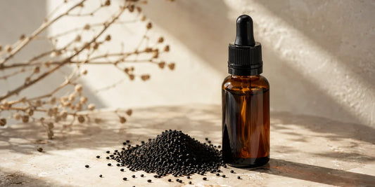 Dark glass black seed oil bottle beside scattered matte black Nigella sativa seeds on pale stone in warm directional light