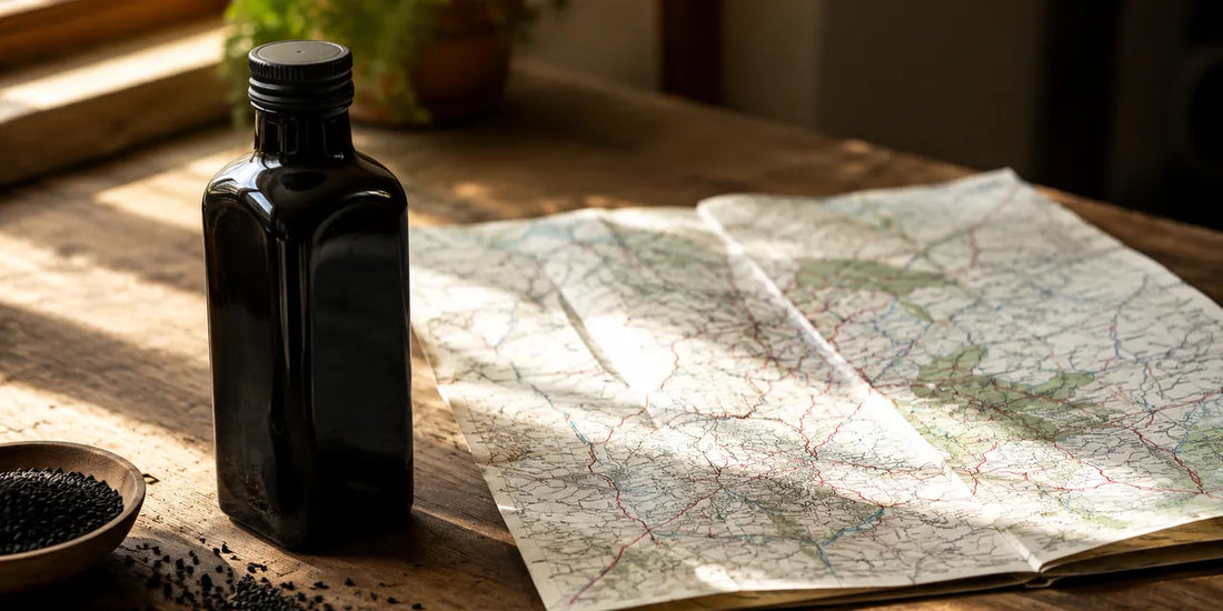 A dark glass black seed oil bottle beside a folded paper map on a wooden surface in warm directional light