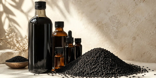 Large dark glass black seed oil bottle with smaller bottles and a heap of matte black seeds on pale stone
