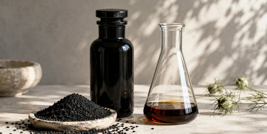 Dark glass black seed oil bottle beside scattered black seeds and a laboratory flask on pale stone in soft daylight