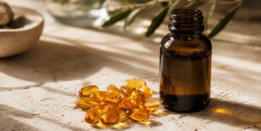 Black seed oil softgel capsules beside a dark glass oil bottle on a pale stone surface in warm light