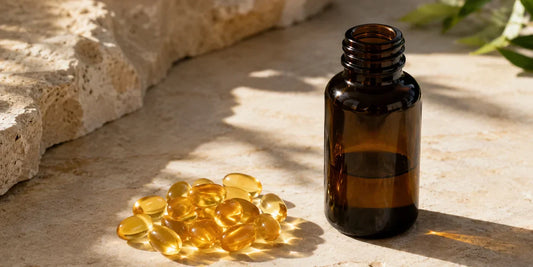 Black seed oil softgel capsules beside a dark glass oil bottle on a pale stone surface in warm light