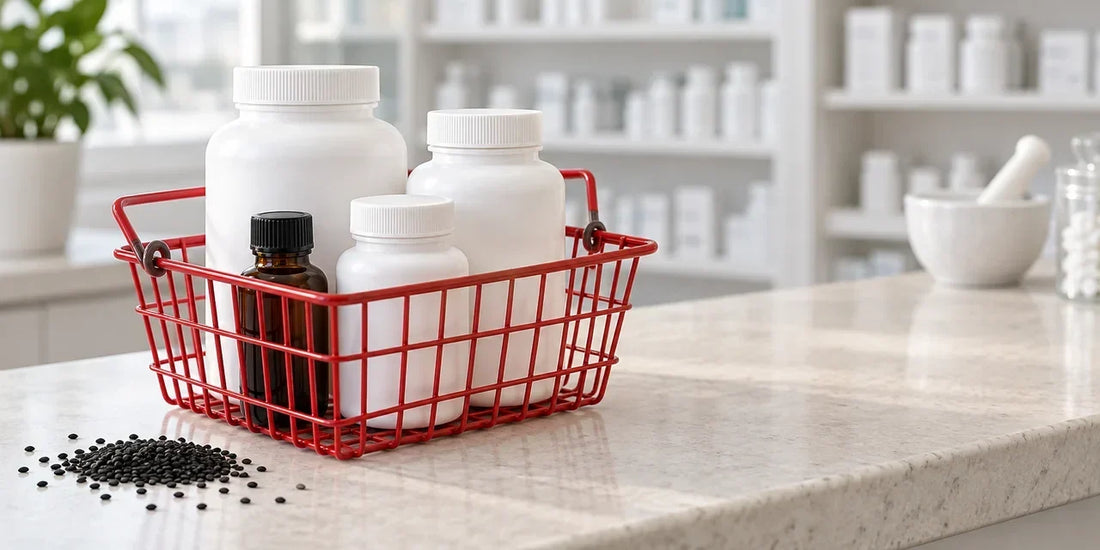 Red wire basket of unbranded white supplement bottles and an amber bottle on a pharmacy counter with black seeds
