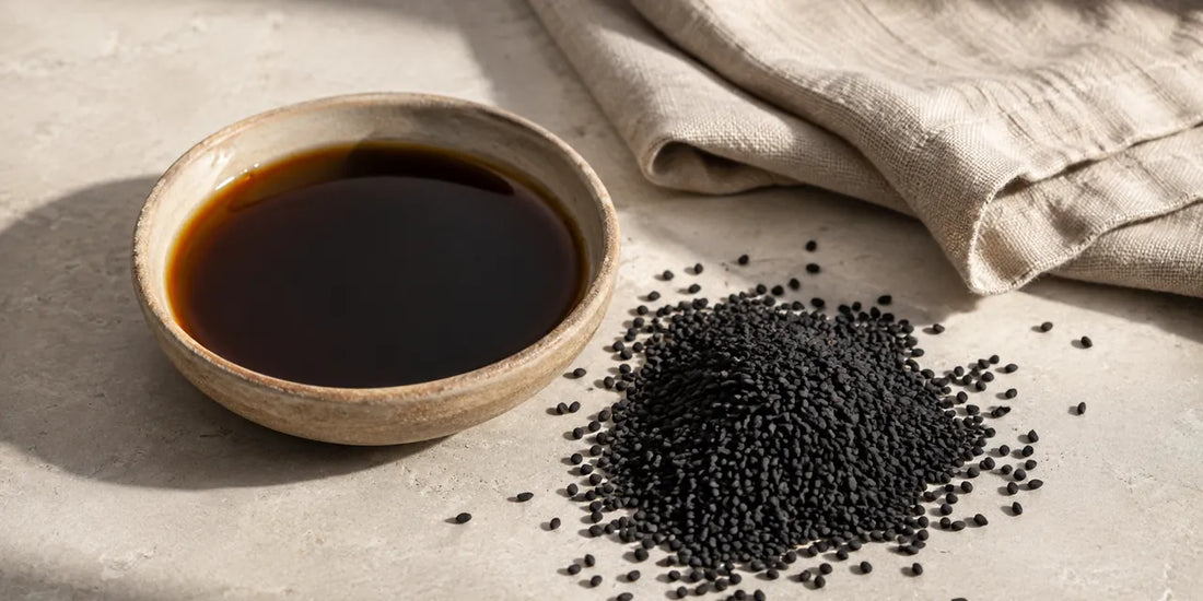 Shallow ceramic dish of deep amber black seed oil beside scattered matte black Nigella seeds on pale stone