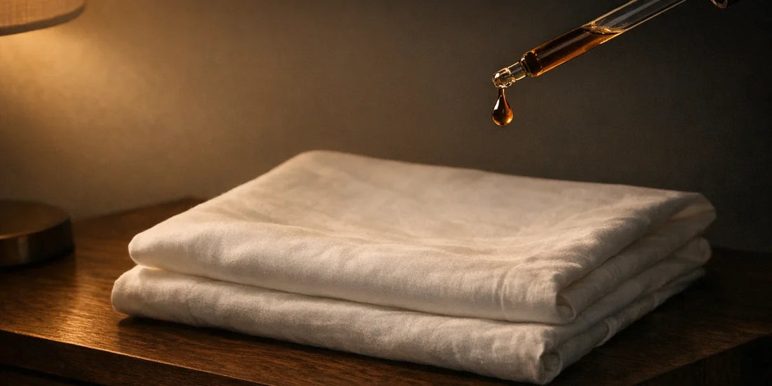 Glass dropper releasing a deep bronze drop of oil above folded white pillowcases on a dark bedside table