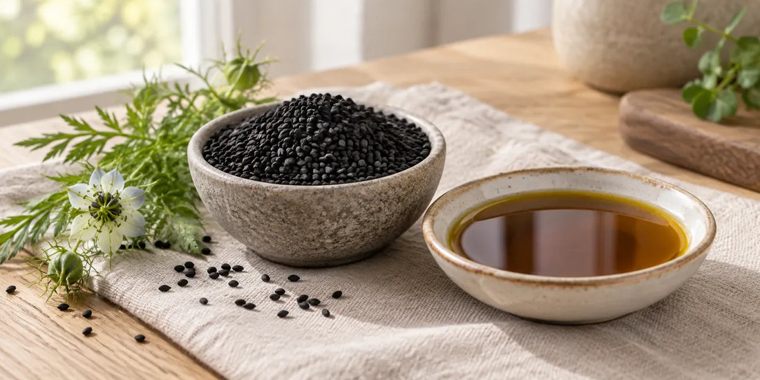 Stone bowl of matte black nigella seeds beside a dish of deep amber oil on pale linen